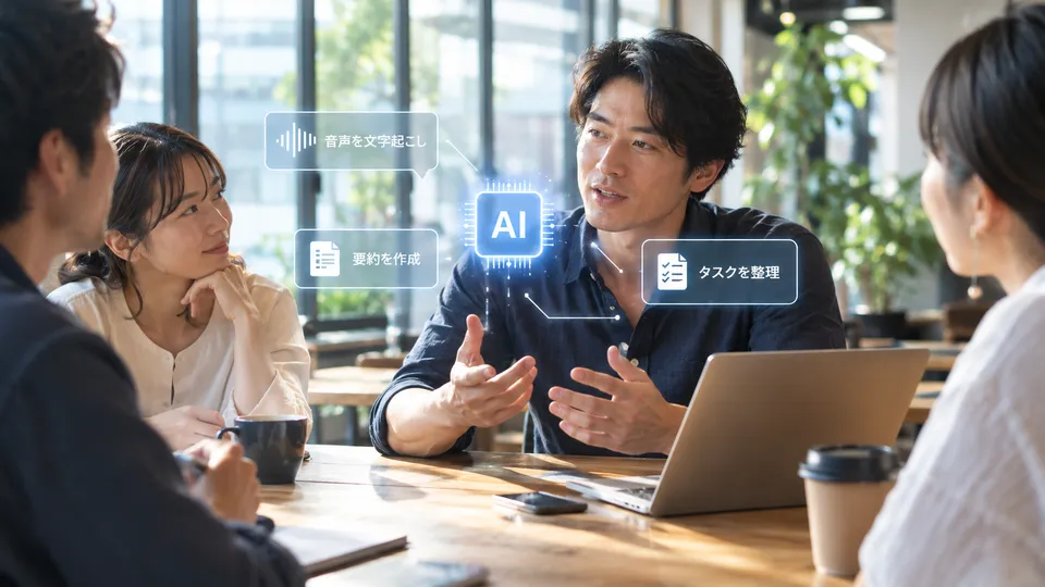 会議の場でAIが音声文字起こし・要約・タスク整理を支援するイメージ